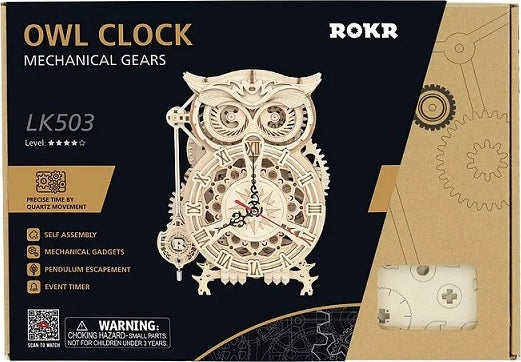 The Owl Clock 3D Build Kit by Robotime showcases a beautifully designed mechanical clock featuring intricate gears and an owl motif. This DIY kit offers self-assembly and includes a pendulum escapement and event timer. The packaging displays detailed instructions and emphasizes the precision of quartz movement. Ideal for craft enthusiasts and those fond of mechanical puzzles.