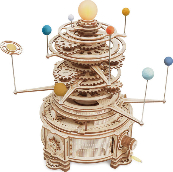 A detailed Curious Discovery Solar System Model Kit by Robotime, showcasing a multi-layered design with gears and colorful planet representations. The model features an illuminated sun at the top and planets suspended on rods, artfully showcasing the solar system's layout. Ideal for DIY enthusiasts, this kit blends creativity with educational science exploration.