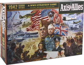 Axis & Allies: 1942 game box showcasing a WWII strategy theme. The artwork features key military leaders, flags, and scenes of historical battles. Suitable for 2-5 players, age 12+. Includes 410 playing pieces.