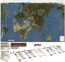 Axis & Allies: 1942 game board depicting a detailed world map with key regions highlighted. Accompanied by various game components including military units, dice, and player aids. Perfect for strategy enthusiasts.