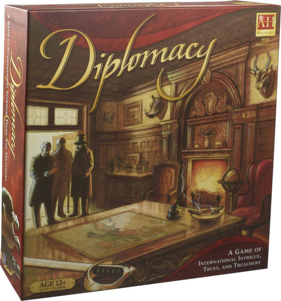 The box of the game Diplomacy by Avalon Hill Hasbro features an elegant design with a rich red and gold color scheme. It depicts a vintage room with a table displaying a map and three characters, dressed in period-appropriate attire, engaged in discussion. The room is adorned with wooden paneling and decor, setting a historical ambiance for a game of international intrigue, trust, and treachery.