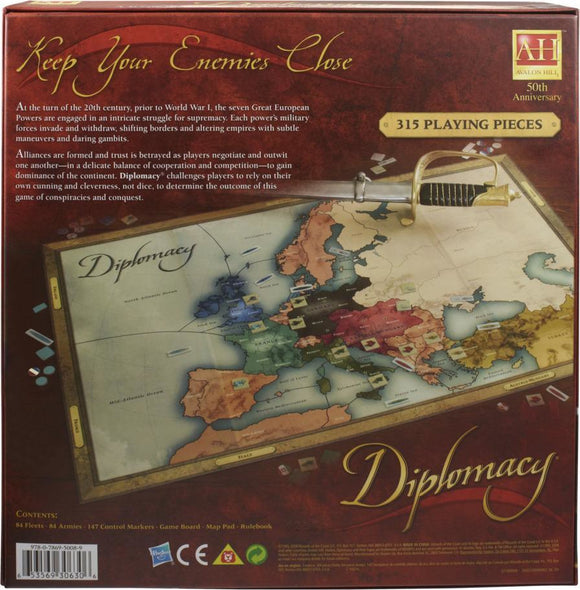 The back of the Diplomacy board game box by Avalon Hill, showcasing a detailed map of Europe and highlighting the game's 50th anniversary. It features a variety of military pieces and outlines instructions for players on forming alliances and outmaneuvering opponents in a strategic battle for continental dominance.