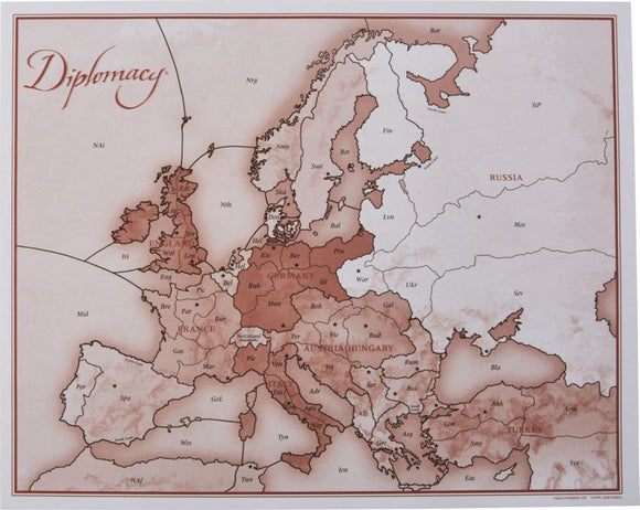 Diplomacy board game by Avalon Hill Hasbro featuring a detailed map of Europe with countries labeled in a warm color palette. Ideal for strategic gameplay and fostering negotiation skills among players.