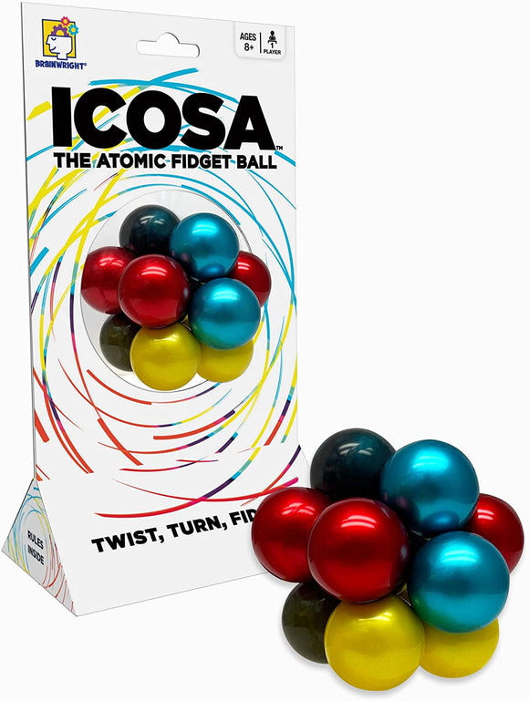 The Icosa, a mechanical fidget ball by Brainwright, features colorful glossy spheres in red, blue, yellow, and black arranged in a cluster. The packaging displays bright graphics with the product name, instructions to 'Twist, Turn, Fidget', and indicates it is suitable for ages 8 and up. The design encourages tactile interaction and stimulates the mind.
