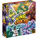 The game box for King of Tokyo by Iello, featuring colorful illustrations of various monster characters like a robotic hero, a green dinosaur, and a brown gorilla, set against a city skyline. The box conveys excitement for competitive play, suitable for 2-6 players with a playtime of about 30 minutes.