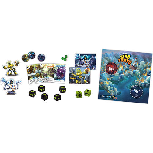 King of Tokyo board game by Iello, featuring a vibrant game box and various game components including dice, character tokens, and action cards. The game encourages players to battle for control of Tokyo, showcasing colorful graphics and engaging gameplay elements.
