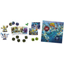 King of Tokyo board game by Iello, featuring a vibrant game box and various game components including dice, character tokens, and action cards. The game encourages players to battle for control of Tokyo, showcasing colorful graphics and engaging gameplay elements.