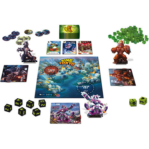King of Tokyo board game by Iello featuring a colorful game board, character miniatures, tokens, and dice. Players compete to dominate Tokyo in this strategic monster-themed game.