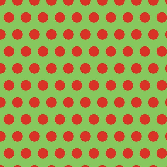 A vibrant 6-inch origami paper featuring polka dots in red on a green background. Ideal for various DIY projects and crafts, this paper adds a fun touch to creative endeavors.