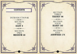 The contents page of the 'Sherlock Holmes Mind Palace' book by Ingram. It includes sections labeled 'Introduction', 'Easy', 'Medium', 'Tricky', 'Hard', and 'Answers', arranged in a decorative format.