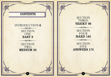 The contents page of the 'Sherlock Holmes Mind Palace' book by Ingram. It includes sections labeled 'Introduction', 'Easy', 'Medium', 'Tricky', 'Hard', and 'Answers', arranged in a decorative format.