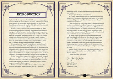 An introduction page from the book 'Sherlock Holmes Mind Palace' written by Dr. John H. Watson. The page features ornate borders and a formal layout, describing Sherlock Holmes’ exceptional powers of observation and memory techniques. It emphasizes the analytical methods and mnemonic exercises that can sharpen one's intellect, inspired by Holmes himself.