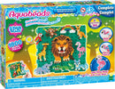 Aqua Beads Wild Safari Scene DIY kit featuring colorful beads to create a vibrant jungle scene including a lion, giraffe, elephants, and flamingos. The kit comes with 1800 beads and instructions for making fun designs by simply adding water to stick the beads together.