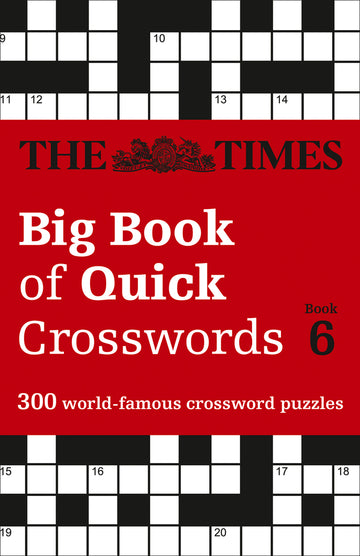Cover of the Big Book of Quick Crosswords, Book 6, featuring a red background with bold white lettering and crossword puzzle grids. This book contains 300 world-famous crossword puzzles, ideal for puzzle enthusiasts.