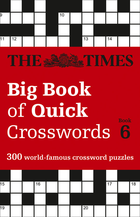 Cover of the Big Book of Quick Crosswords, Book 6, featuring a red background with bold white lettering and crossword puzzle grids. This book contains 300 world-famous crossword puzzles, ideal for puzzle enthusiasts.