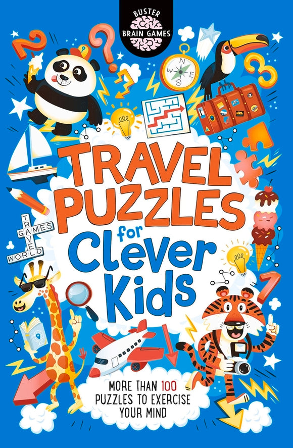 Cover of 'Travel Puzzles for Clever Kids' featuring fun illustrations of animals like a panda, toucan, and giraffe, alongside various puzzles and colorful graphics. Ideal for keeping kids engaged and their minds sharp during travel.