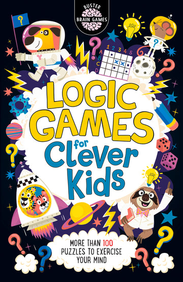 Cover of the book 'Logic Games for Clever Kids' featuring colorful illustrations of animals like a dog in a spacesuit, a raccoon in a tuxedo, and various playful elements such as question marks, stars, and puzzles. The title is prominently displayed, indicating a fun and engaging collection of over 100 puzzles designed to challenge young minds and spark creativity.