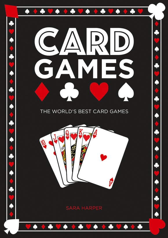 Product image of 'Card Games' by IPG featuring a stylish design with playing cards displayed prominently. The cover showcases a black background adorned with red and white playing card symbols, including hearts, diamonds, clubs, and spades. Featured cards include 10, J, Q, K, and A of hearts, highlighting popular card games for entertainment.