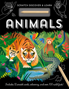 Animals: Scratch Discover and Learn features vibrant illustrations of a tiger and baby tiger, monkeys, colorful birds, and a crocodile in a lush jungle setting. Includes 12 scratch cards, coloring activities, and over 100 animal facts.
