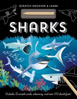 A colorful educational kit titled 'Sharks: Scratch Discover and Learn' featuring illustrations of various shark species in a vibrant underwater scene. The kit includes 12 scratch cards, coloring components, and over 100 facts about sharks. A wooden scratch stick is visible atop the cover.