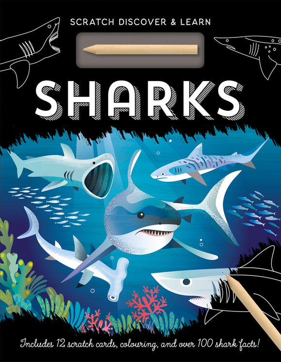 A colorful educational kit titled 'Sharks: Scratch Discover and Learn' featuring illustrations of various shark species in a vibrant underwater scene. The kit includes 12 scratch cards, coloring components, and over 100 facts about sharks. A wooden scratch stick is visible atop the cover.