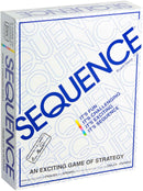 The Sequence board game by Pressman Toy Corp. features a modern box design with bold blue lettering on a white background. The front displays the product name, 'Sequence', along with the tagline, 'An Exciting Game of Strategy'. It highlights that the game is suitable for ages 7 through adult, accommodating 2 to 12 players and includes instructions in English and Spanish. The packaging emphasizes fun, challenge, and excitement.
