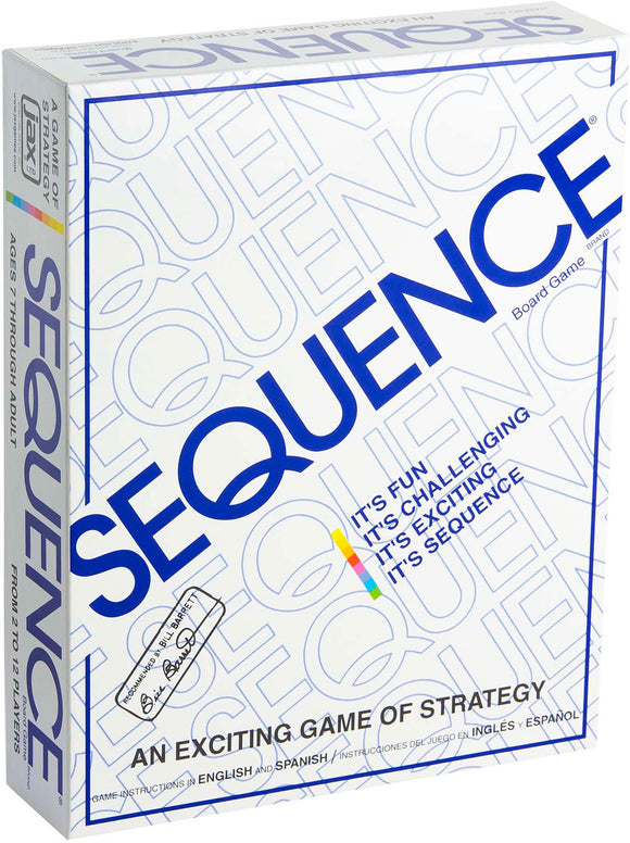 The Sequence board game by Pressman Toy Corp. features a modern box design with bold blue lettering on a white background. The front displays the product name, 'Sequence', along with the tagline, 'An Exciting Game of Strategy'. It highlights that the game is suitable for ages 7 through adult, accommodating 2 to 12 players and includes instructions in English and Spanish. The packaging emphasizes fun, challenge, and excitement.
