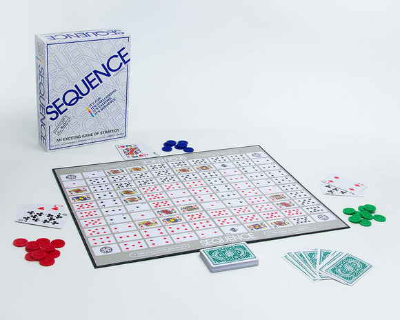 The Sequence board game by Pressman Toy Corp, featuring a colorful game board with a 10x10 grid of playing cards, token pieces in red, blue, and green, and a deck of cards. The game box is shown in the background, highlighting its title and tagline as an exciting game of strategy.