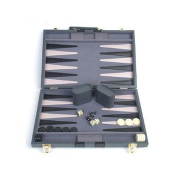 A 15-inch backgammon set from John N. Hansen Co. Inc. The game is displayed open, featuring a smooth playing surface in gray, with black and white pieces neatly arranged. The set includes dice and two containers for the pieces, emphasizing its quality and design for enjoyable gameplay.