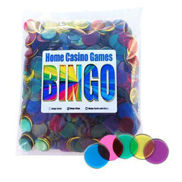 A pack of 300 colorful bingo chips displayed in a clear bag. The bag features a bold label that reads 'Home Casino Games BINGO'. The chips are in various colors, including blue, green, pink, and yellow, making them vibrant and eye-catching, perfect for bingo games with friends and family.