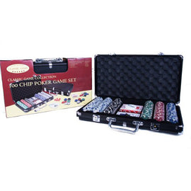 A poker set featuring 300 colorful chips, each weighing 11.5 grams, inside a sturdy carrying case. The set includes various colored poker chips arranged neatly with a deck of cards visible. The box showcases the title 'Classic Game Collection' along with product details, highlighting its suitability for family game nights and gatherings.