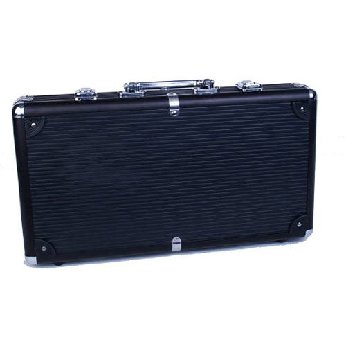 A sleek, black poker set case featuring a textured exterior and sturdy metal clasps. The case is designed to securely hold 300 poker chips, each weighing 11.5 grams, ensuring a professional gaming experience. Perfect for casino nights and family game gatherings.