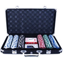 A comprehensive poker set featuring 300 chips in various colors, each weighing 11.5 grams, neatly arranged in a secure black case. The case includes two decks of playing cards and dice, ideal for game nights and gatherings.
