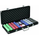 Poker set featuring 500 chips in a variety of colors including red, green, blue, and white, neatly arranged in a sturdy black carrying case. The case includes compartments for chips and cards, making it ideal for game nights.