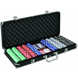 Poker set featuring 500 chips in a variety of colors including red, green, blue, and white, neatly arranged in a sturdy black carrying case. The case includes compartments for chips and cards, making it ideal for game nights.