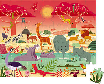 Janod Animal Reserve Puzzle featuring a vibrant jigsaw scene of various wild animals in a colorful landscape. Includes elephants, giraffes, hippos, and a variety of birds, all set against a sunset backdrop with lush trees and plants.