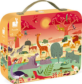 The Animal Reserve Puzzle by Janod features a colorful jigsaw puzzle showcasing a vibrant scene of various animals in a lush environment, including giraffes, elephants, and hippos. The puzzle comes in a sturdy, illustrated carrying case with a handle, designed for children aged 5 and above. Ideal for developing cognitive skills and promoting imaginative play.