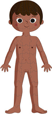 A colorful jigsaw puzzle featuring a cartoon representation of a human body in a standing position. The puzzle pieces illustrate various parts of the body, including arms, legs, and facial features, designed for educational purposes.