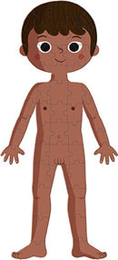 A colorful jigsaw puzzle featuring a cartoon representation of a human body in a standing position. The puzzle pieces illustrate various parts of the body, including arms, legs, and facial features, designed for educational purposes.