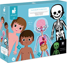 Janod Human Body Educational Puzzle featuring four colorful jigsaw puzzles that depict the human body. The box shows illustrated characters, a skeleton, and anatomical features, ideal for educational play. Suitable for children ages 5 and up.