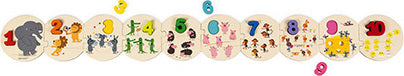 I Learn to Count Puzzle by Janod. A colorful jigsaw puzzle featuring numbered pieces from 1 to 10, each adorned with playful animal illustrations. Perfect for early childhood learning and number recognition. Bright, engaging design encourages interactive play and cognitive development.