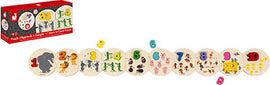 I Learn to Count Puzzle by Janod features colorful jigsaw puzzle pieces with numbers 1 to 10, surrounded by playful animal illustrations. The puzzle is designed to help children learn counting in a fun and engaging way. The packaging showcases a vibrant design, emphasizing the educational aspect of the puzzle.