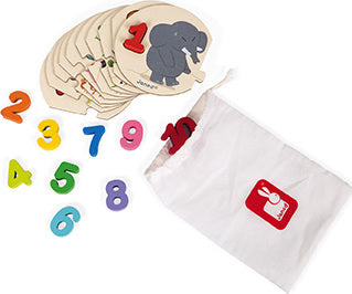 A colorful I Learn to Count Puzzle by Janod featuring large, wooden number pieces from 1 to 10, including an elephant illustration. The puzzle comes with a sturdy storage bag, making it perfect for engaging young children in learning to count through play.
