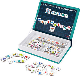 Magnetic Book English Alphabet by Janod featuring colorful magnetic letters, a grid for arranging words, and various illustrated tiles, promoting early literacy and language skills for children.