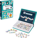 The Janod Magnetic Book English Alphabet is displayed with a colorful cover featuring letters and images. The open book reveals a playing surface with colorful magnetic letter tiles scattered around. The magnetic tiles are designed to help children learn the alphabet and spell simple words. Engaging visuals are present to promote early literacy skills.