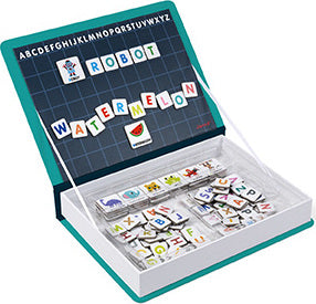 The Janod Magnetic Book English Alphabet showcases colorful magnetic letters and pictures designed to help children learn the alphabet. The magnetic letters are laid out on a black grid page, with words like 'ROBOT' and 'WATERMELON' illustrated. The book features a sturdy cover and a compartment for storing the magnetic pieces, making it a fun and educational tool for young learners.