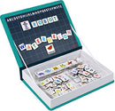 The Janod Magnetic Book English Alphabet showcases colorful magnetic letters and pictures designed to help children learn the alphabet. The magnetic letters are laid out on a black grid page, with words like 'ROBOT' and 'WATERMELON' illustrated. The book features a sturdy cover and a compartment for storing the magnetic pieces, making it a fun and educational tool for young learners.