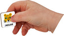 A child's hand holding a magnetic tile featuring a cartoon jaguar with the word 'JAGUAR' printed underneath. The tile is colorful and designed to assist with learning the English alphabet.