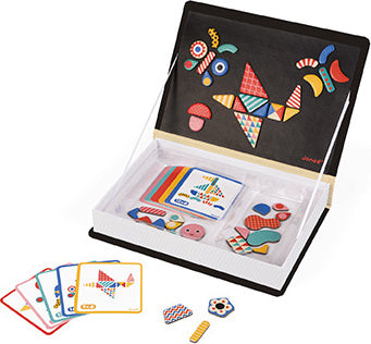 The Janod Magnetic Book Moduloform features a colorful magnetic activity set with various shapes, cards, and a storage case. This educational toy includes patterned pieces that can be assembled into creative designs, encouraging imaginative play and fine motor skills development.