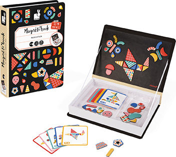 The Magnetic Book Moduloform by Janod features a colorful, illustrated cover with various geometric shapes. Inside the book, there are magnetic pieces in assorted shapes and colors, along with example cards showcasing creative designs. The set encourages imaginative play and fine motor skills for children.